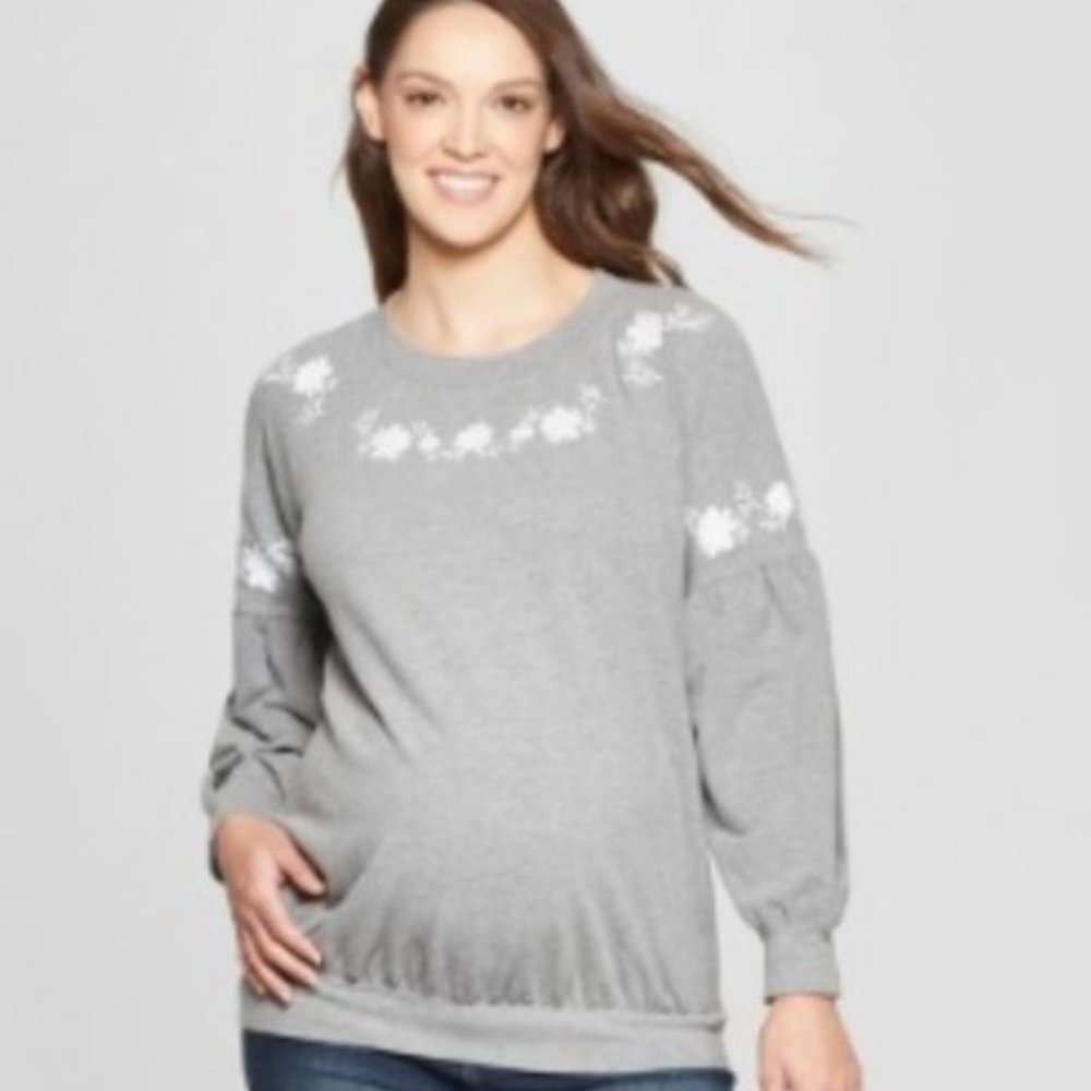 🆕 Isabel Maternity Gray Sweatshirt with Embroidered Flowers & Puff Sleeves - XS